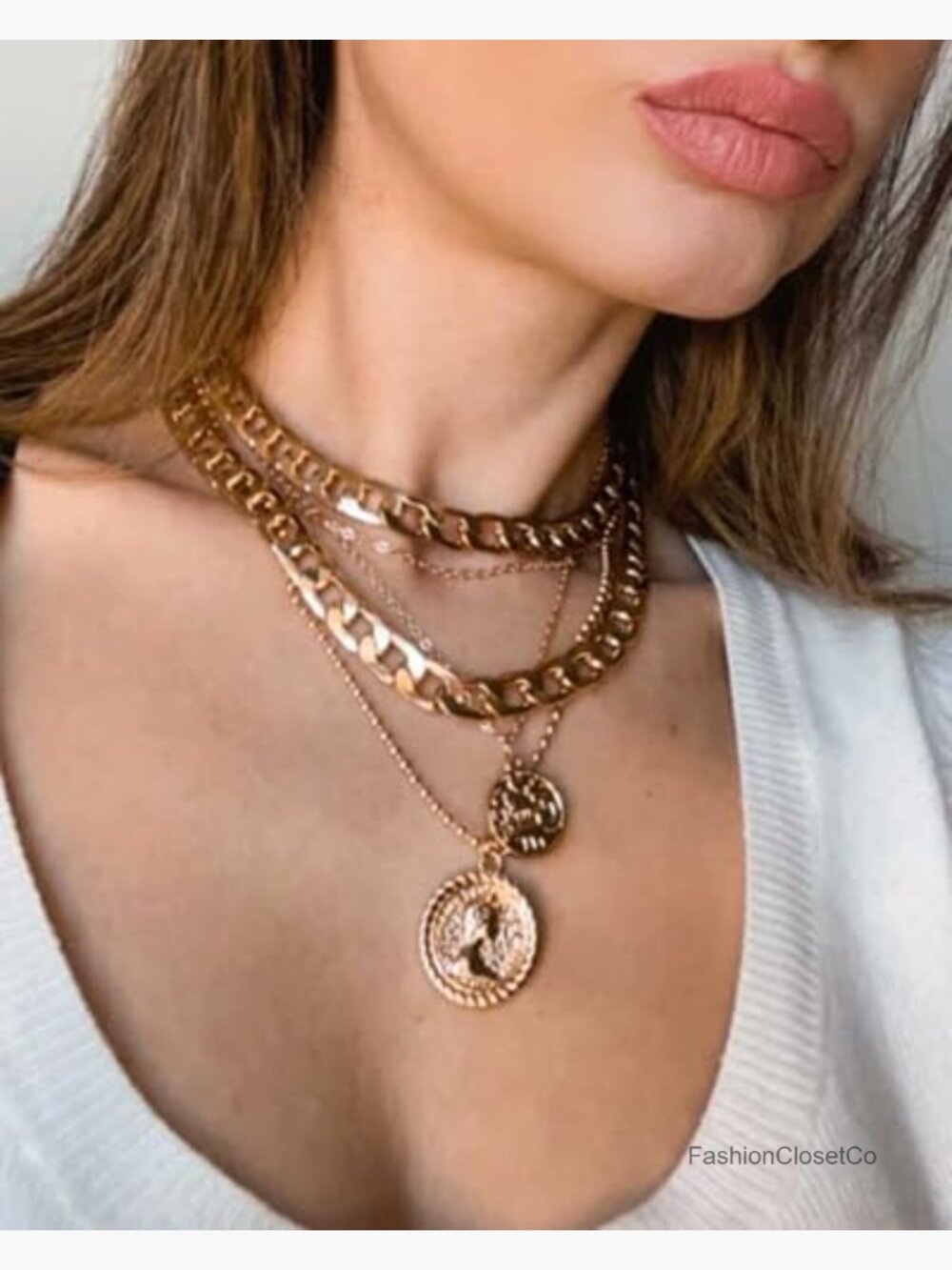 Layered Coin Pendant Necklace Set Dainty Chunky Chain Choker Jewelry - Picture 3 of 7